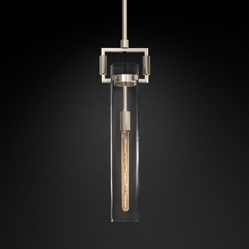 Industrial Glass Cylinder Hanging Light Fixture with Metal Frame & Edison Bulb for Kitchen Island Dining Room
