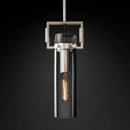 Industrial Glass Cylinder Hanging Light Fixture with Metal Frame & Edison Bulb for Kitchen Island Dining Room