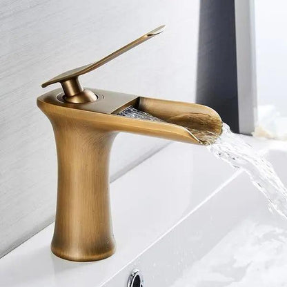 Deck-Mount Bathroom Faucet with Single Lever Control in Polished Metallic Finish for Sink | Contemporary Waterfall Spout Fixture | Easy Inst