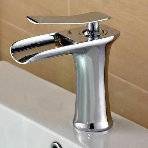 Deck-Mount Bathroom Faucet with Single Lever Control in Polished Metallic Finish for Sink | Contemporary Waterfall Spout Fixture | Easy Inst