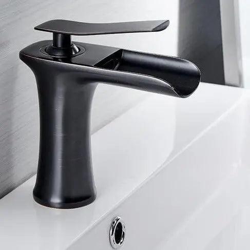 Deck-Mount Bathroom Faucet with Single Lever Control in Polished Metallic Finish for Sink | Contemporary Waterfall Spout Fixture | Easy Inst