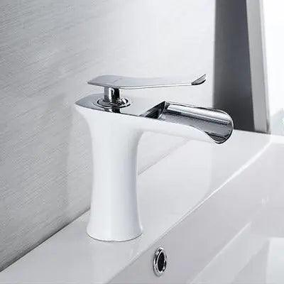 Deck-Mount Bathroom Faucet with Single Lever Control in Polished Metallic Finish for Sink | Contemporary Waterfall Spout Fixture | Easy Inst