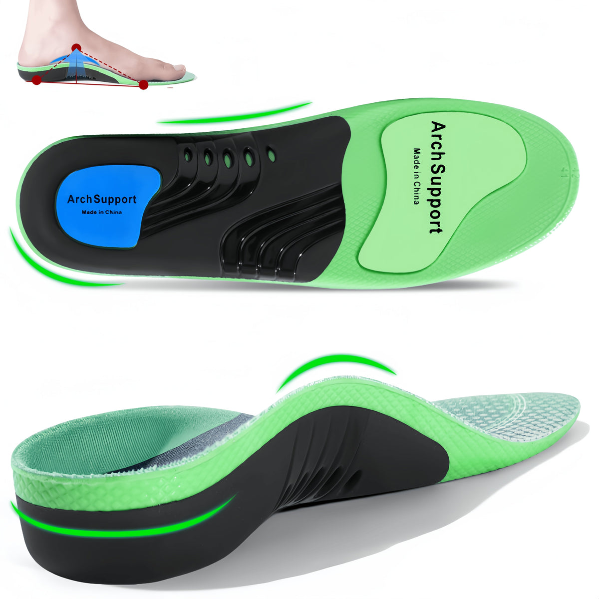 Cushioned Orthotic Inserts with Elevated Midfoot Support for Sneakers and Work Shoes