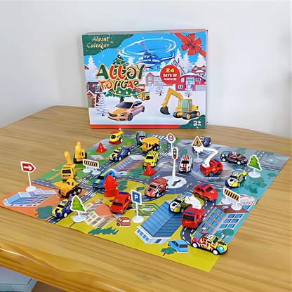 Holiday Countdown Calendar 24 Mini Vehicles Daily Reveal December Surprise Box Kids 10 in Multi-Theme Play Set Christmas Gift Children Toy
