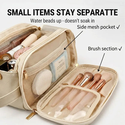 Travel Makeup Organizer Bag with Brush Covers, Flat-Lay Design, 25+ Item Capacity for Cosmetics & Skincare
