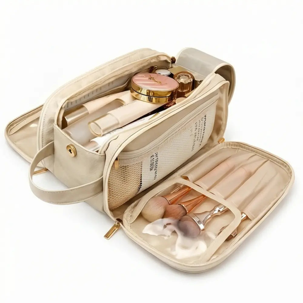Travel Makeup Organizer Bag with Brush Covers, Flat-Lay Design, 25+ Item Capacity for Cosmetics & Skincare