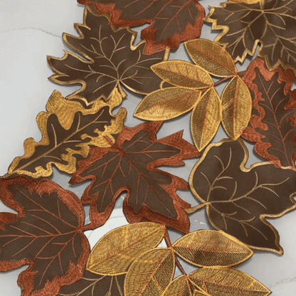 Aurelia Table Runner - Embroidered Autumn Leaves, Woven Microfiber