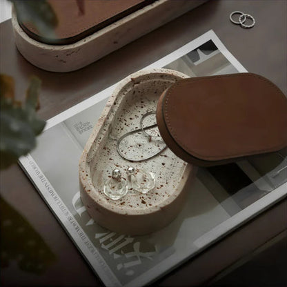 Marlo Jewelry Box for Women - Natural Travertine Stone with Leather Lid