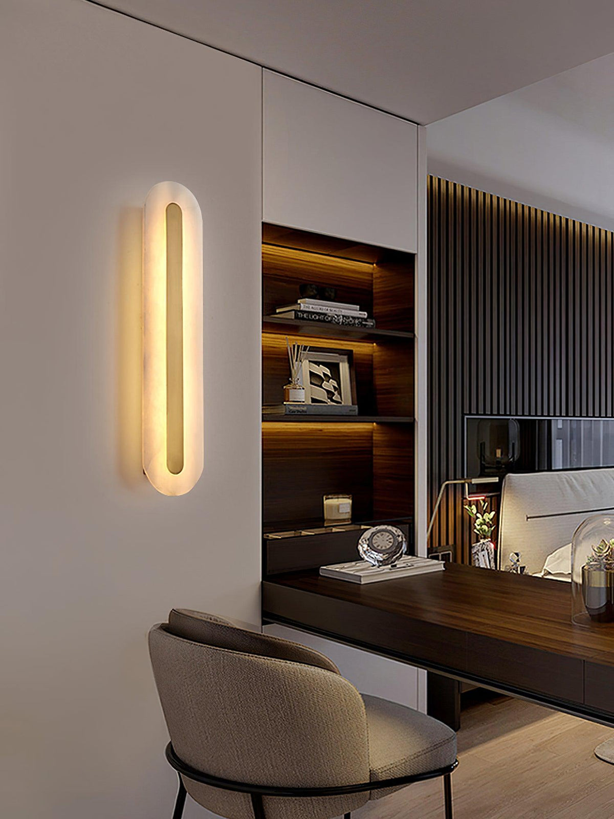 Alabaster Wall Sconce with Brass Accents – Modern LED Fixture for Living Room, Hallway & Bedroom