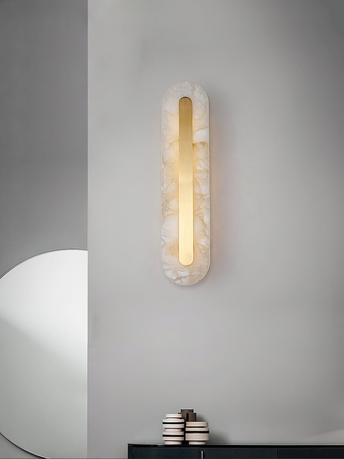 Alabaster Wall Sconce with Brass Accents – Modern LED Fixture for Living Room, Hallway & Bedroom