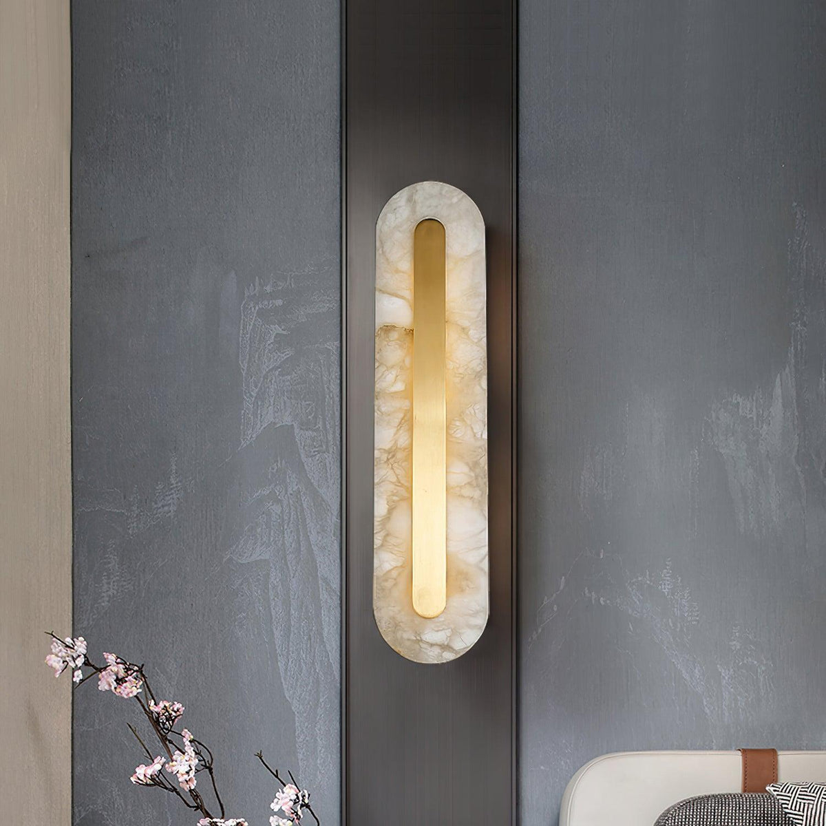 Alabaster Wall Sconce with Brass Accents – Modern LED Fixture for Living Room, Hallway & Bedroom