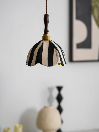 Hanging Ceiling Light with Tulip-Style Striped Shade 7.9 in Diameter Adjustable Wood Accent for Kitchen Dining Room Reading Nook Breakfast A