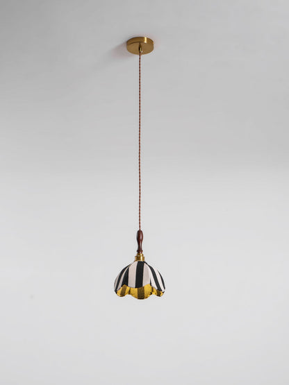 Hanging Ceiling Light with Tulip-Style Striped Shade 7.9 in Diameter Adjustable Wood Accent for Kitchen Dining Room Reading Nook Breakfast A