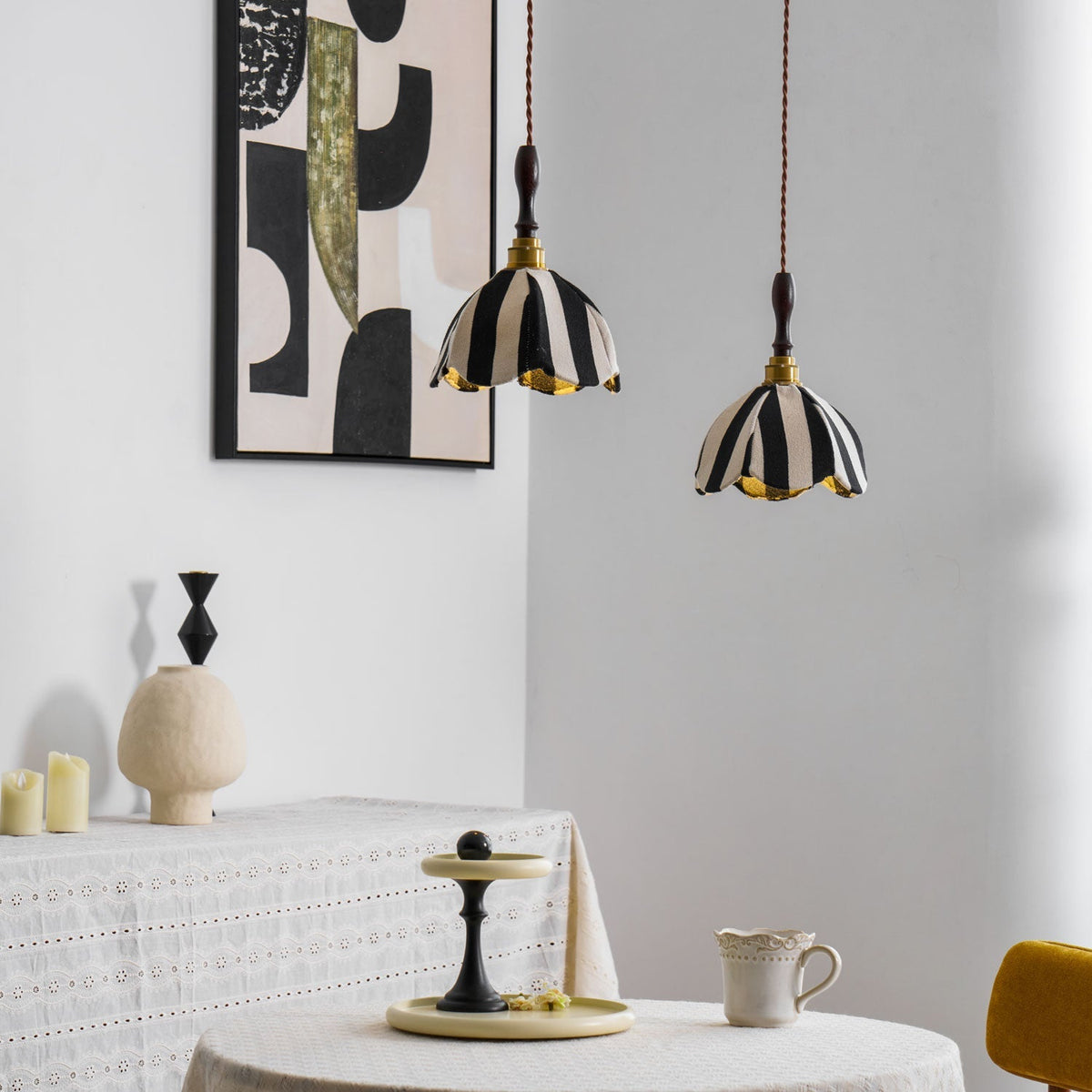 Hanging Ceiling Light with Tulip-Style Striped Shade 7.9 in Diameter Adjustable Wood Accent for Kitchen Dining Room Reading Nook Breakfast A