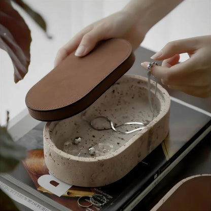 Marlo Jewelry Box for Women - Natural Travertine Stone with Leather Lid