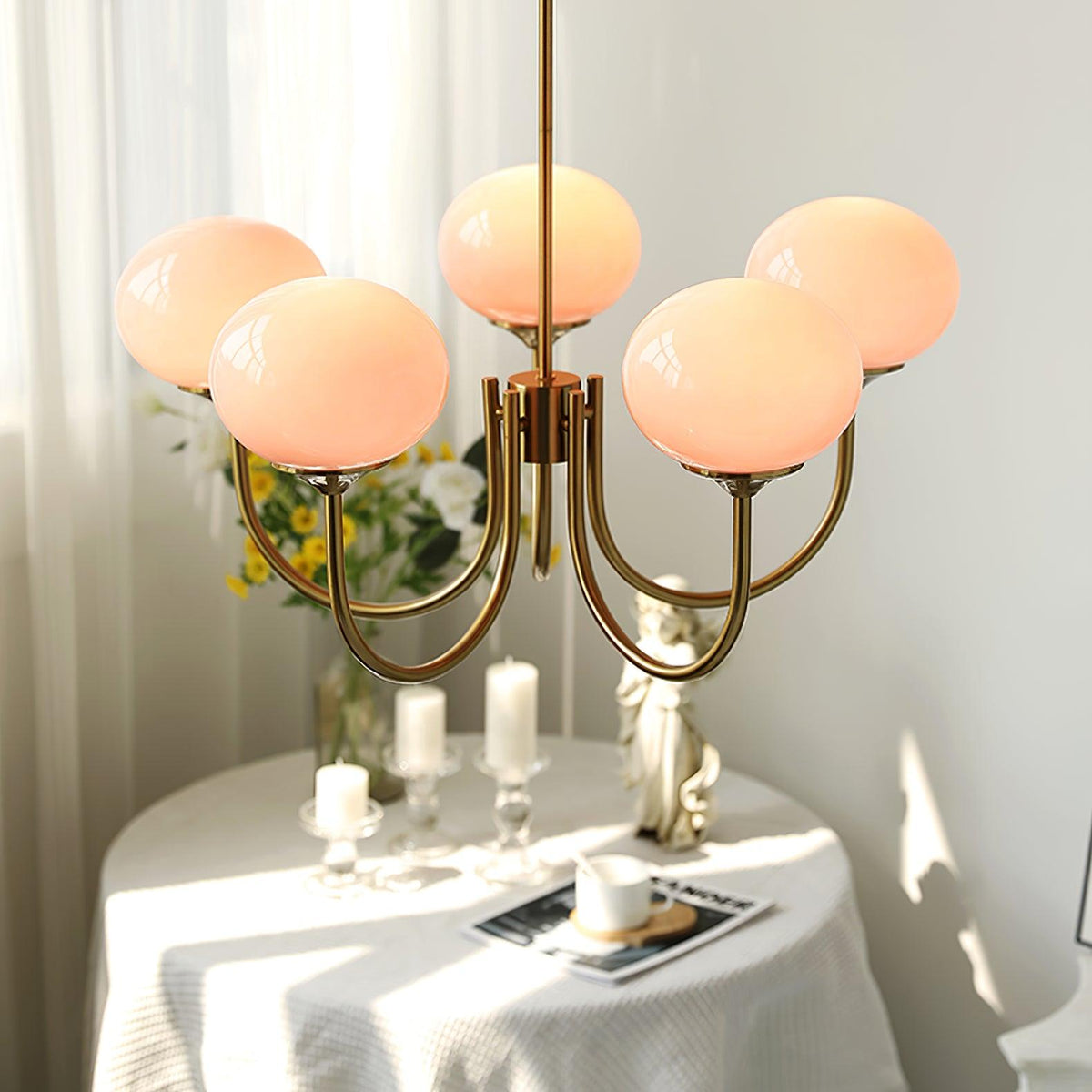 Orb Pendant Light with Adjustable Height Metal Frame and Spherical Shades for Kitchen Island Dining Living Room Bedroom E27 Socket Pink Whit