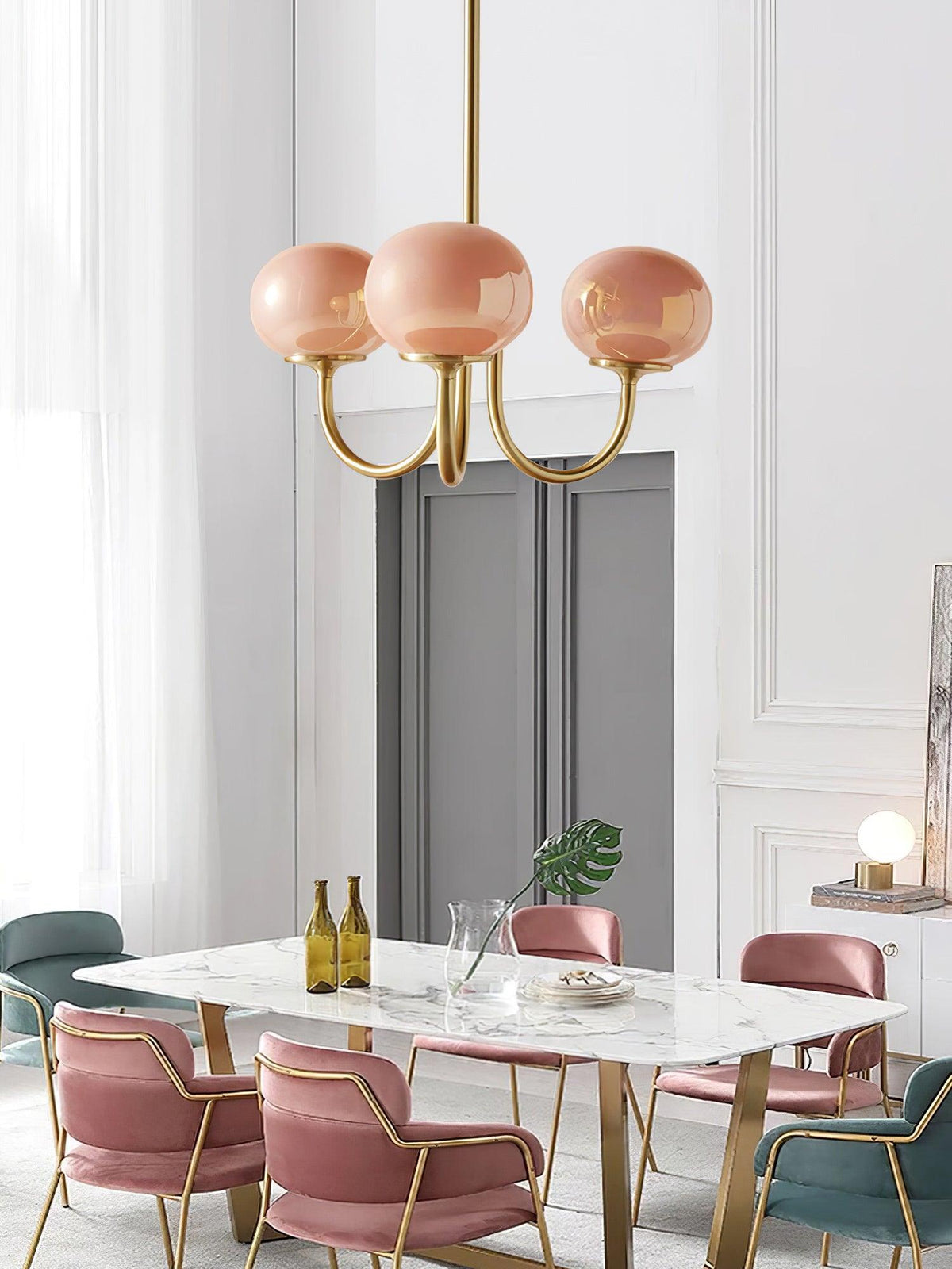 Orb Pendant Light with Adjustable Height Metal Frame and Spherical Shades for Kitchen Island Dining Living Room Bedroom E27 Socket Pink Whit