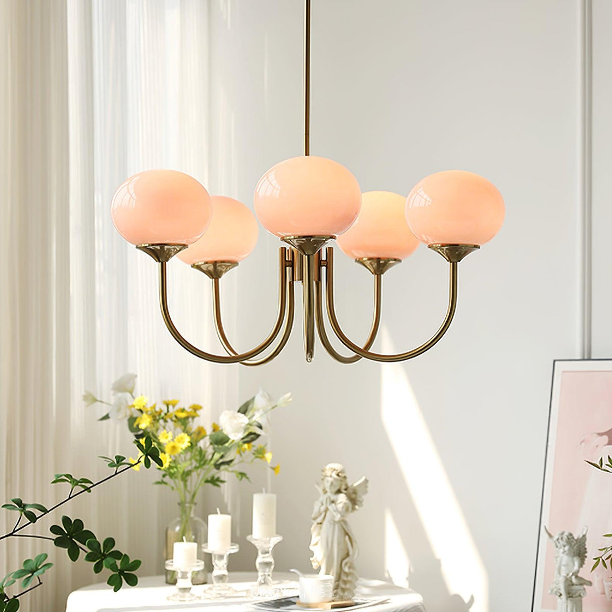 Orb Pendant Light with Adjustable Height Metal Frame and Spherical Shades for Kitchen Island Dining Living Room Bedroom E27 Socket Pink Whit