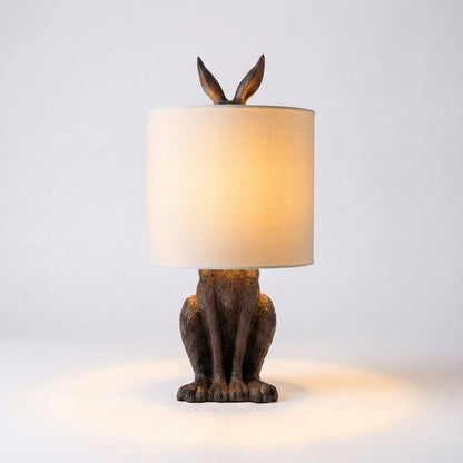 Resin Bunny Accent Lamp with Linen Shade 20 in Tall Gold Finish Decorative Nightstand Light E27 Socket Animal Sculpture for Bedroom Living R