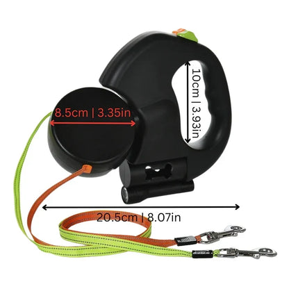 Retractable Double Dog Leash with 360° Swivel, Built-In LED Flashlight & Waste Bag Holder for Walking Two Dogs Up to 66 lbs Each