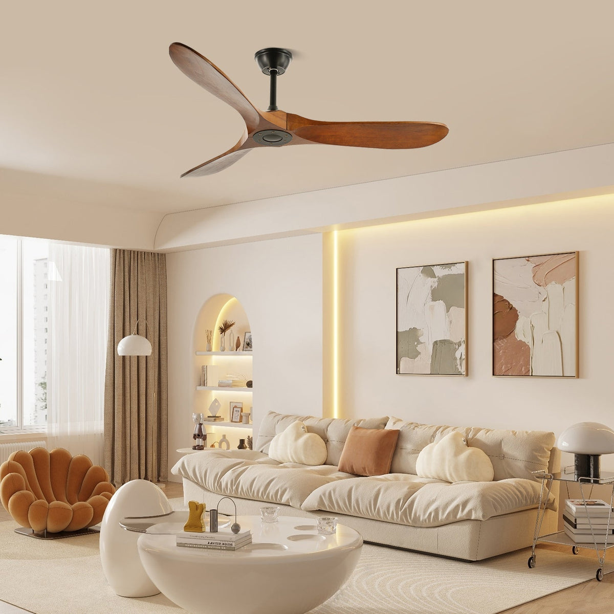 DC Motor Ceiling Fan with Wooden Blades 42 or 52 Inch Diameter Remote Control Indoor Air Circulation for Bedrooms Living Rooms Offices Low N