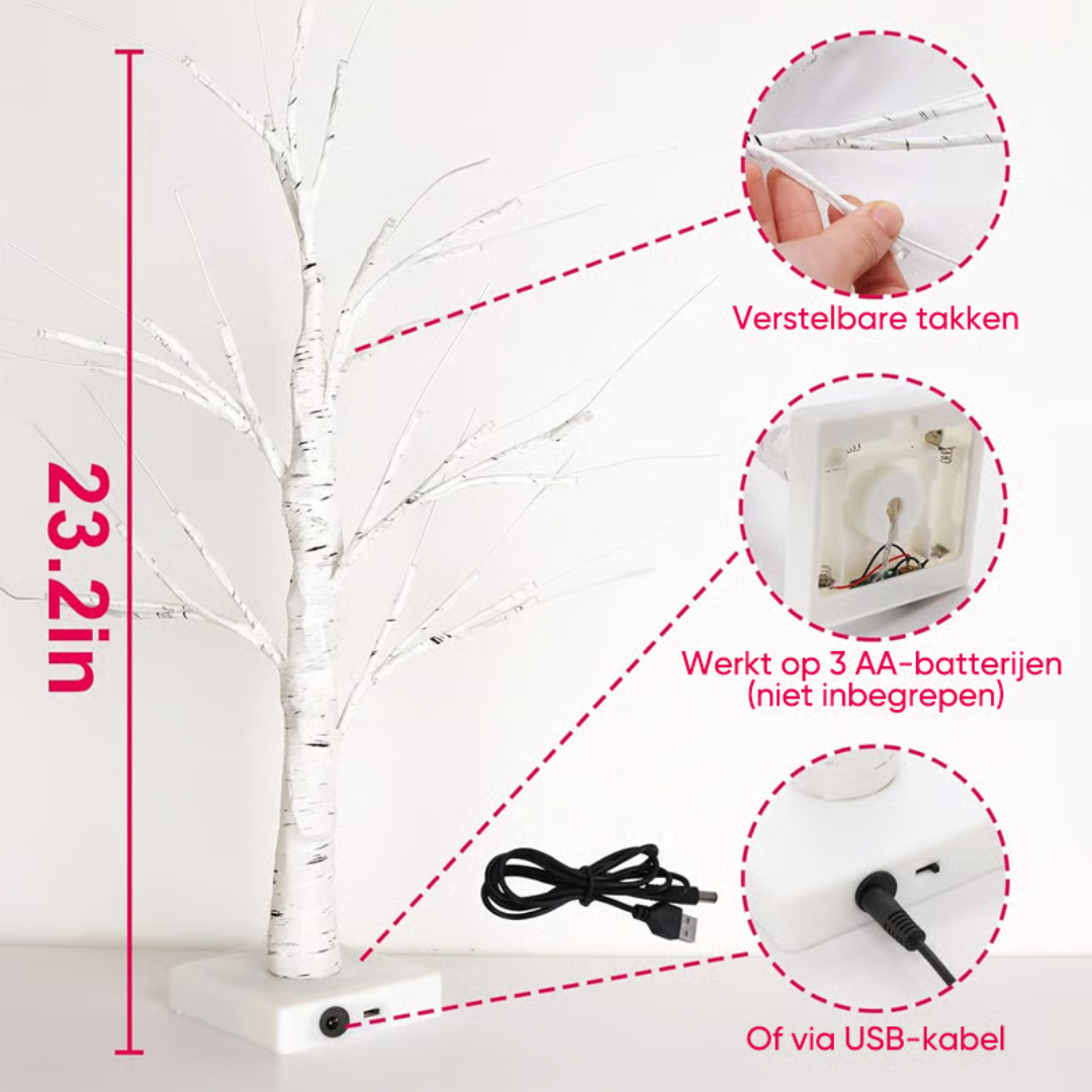 Illuminated Birch Tree Lamp with 18 Heart Ornaments – Battery or USB Powered Light for Bedroom, Living Room & Office