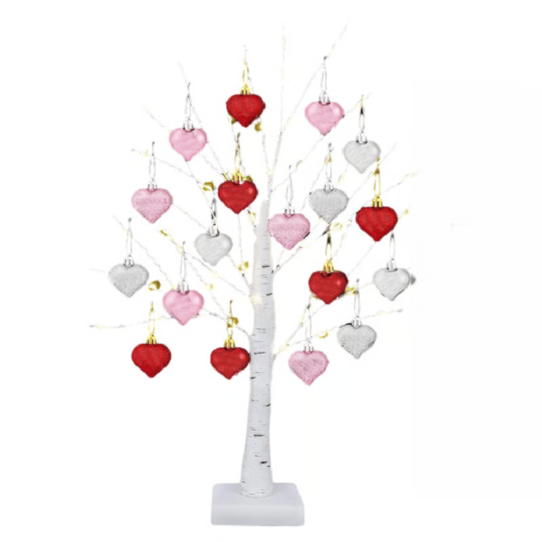 Illuminated Birch Tree Lamp with 18 Heart Ornaments – Battery or USB Powered Light for Bedroom, Living Room & Office