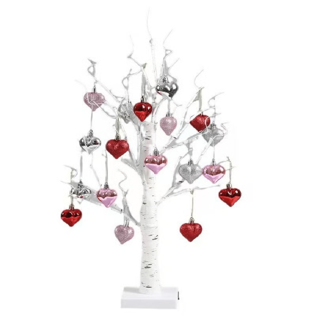 Illuminated Birch Tree Lamp with 18 Heart Ornaments – Battery or USB Powered Light for Bedroom, Living Room & Office