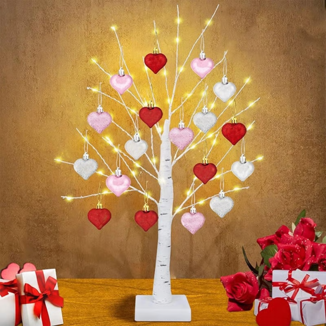 Illuminated Birch Tree Lamp with 18 Heart Ornaments – Battery or USB Powered Light for Bedroom, Living Room & Office