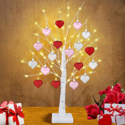 Illuminated Birch Tree Lamp with 18 Heart Ornaments – Battery or USB Powered Light for Bedroom, Living Room & Office