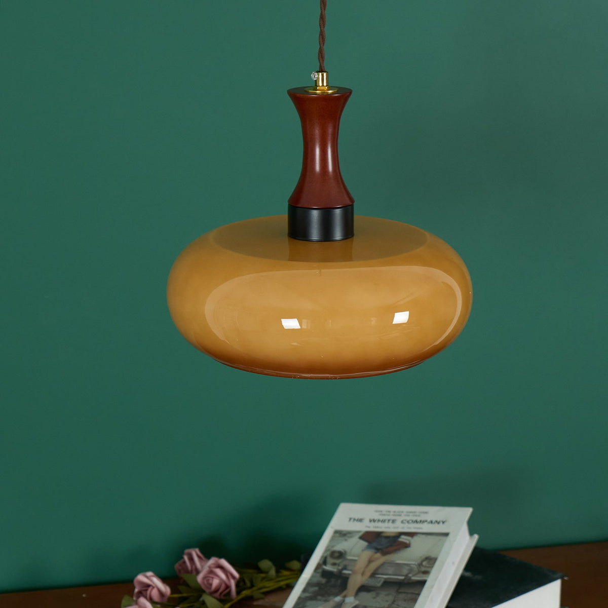 Glass Pendant Light for Kitchen Island & Dining Room — Adjustable Hanging Fixture with Warm Amber Shade, 11 Inch Wide, Dimmable Modern Farmh