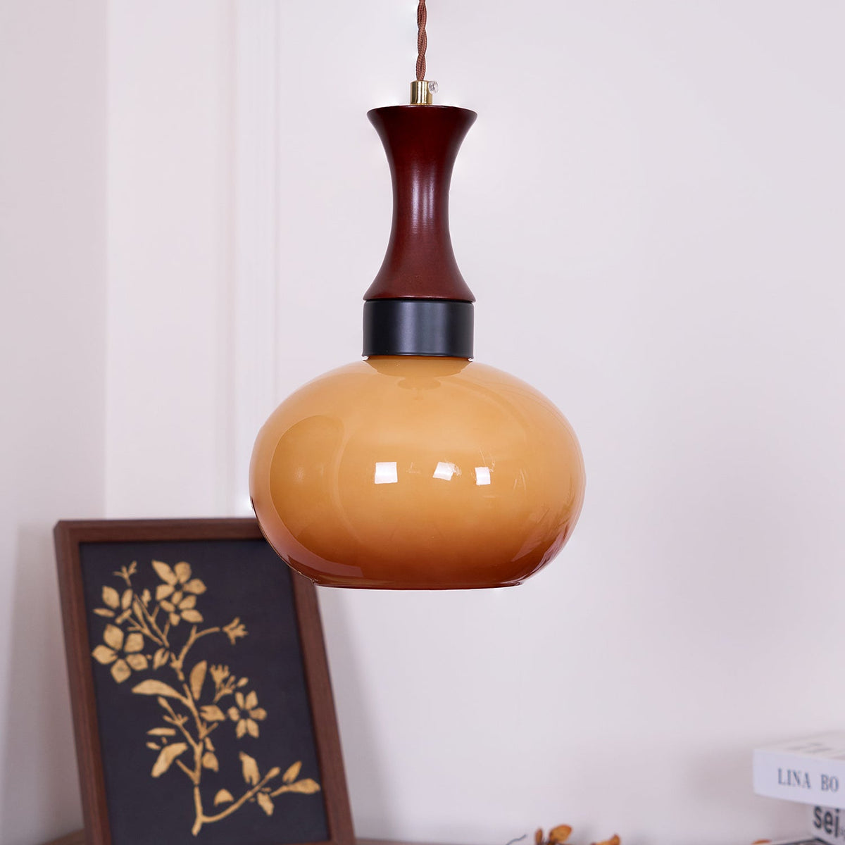 Hanging Light Fixture with Amber Glass Shade 7 Inch Diameter Adjustable Cord for Kitchen Islands Dining Tables Breakfast Bars Modern Farmhou
