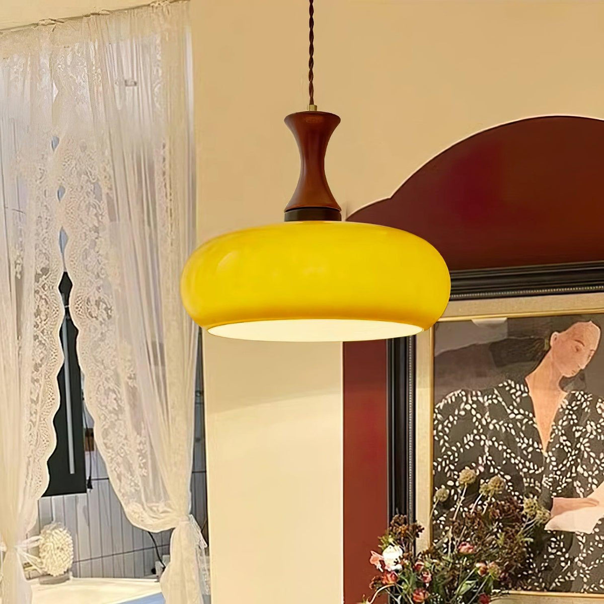 Hanging Light Fixture with Amber Glass Shade 7 Inch Diameter Adjustable Cord for Kitchen Islands Dining Tables Breakfast Bars Modern Farmhou
