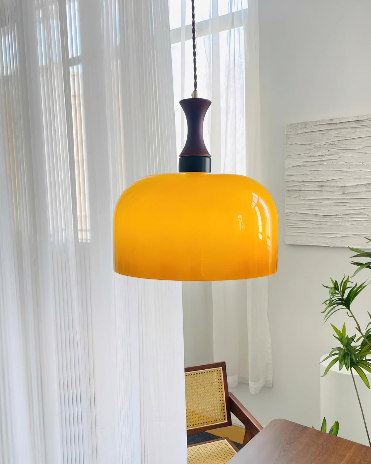 Hanging Light Fixture with Amber Glass Shade 7 Inch Diameter Adjustable Cord for Kitchen Islands Dining Tables Breakfast Bars Modern Farmhou