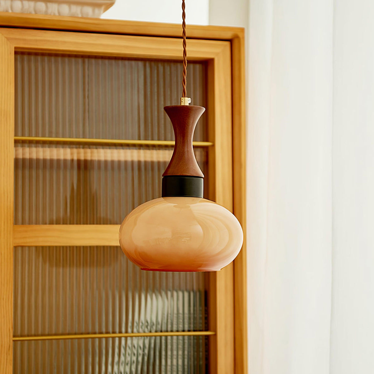 Hanging Light Fixture with Amber Glass Shade 7 Inch Diameter Adjustable Cord for Kitchen Islands Dining Tables Breakfast Bars Modern Farmhou