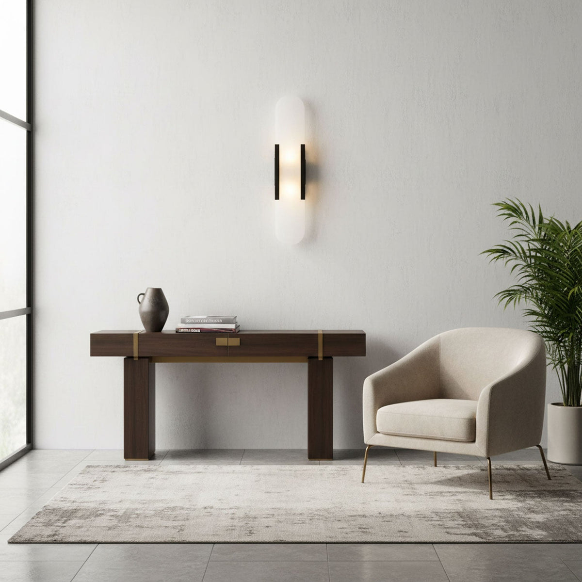 Handcrafted Alabaster Sconce with Brass Accent 14 in Wall Light for Bedroom Hallway Living Room Indoor Fixture G4 LED Modern Elongated Stone