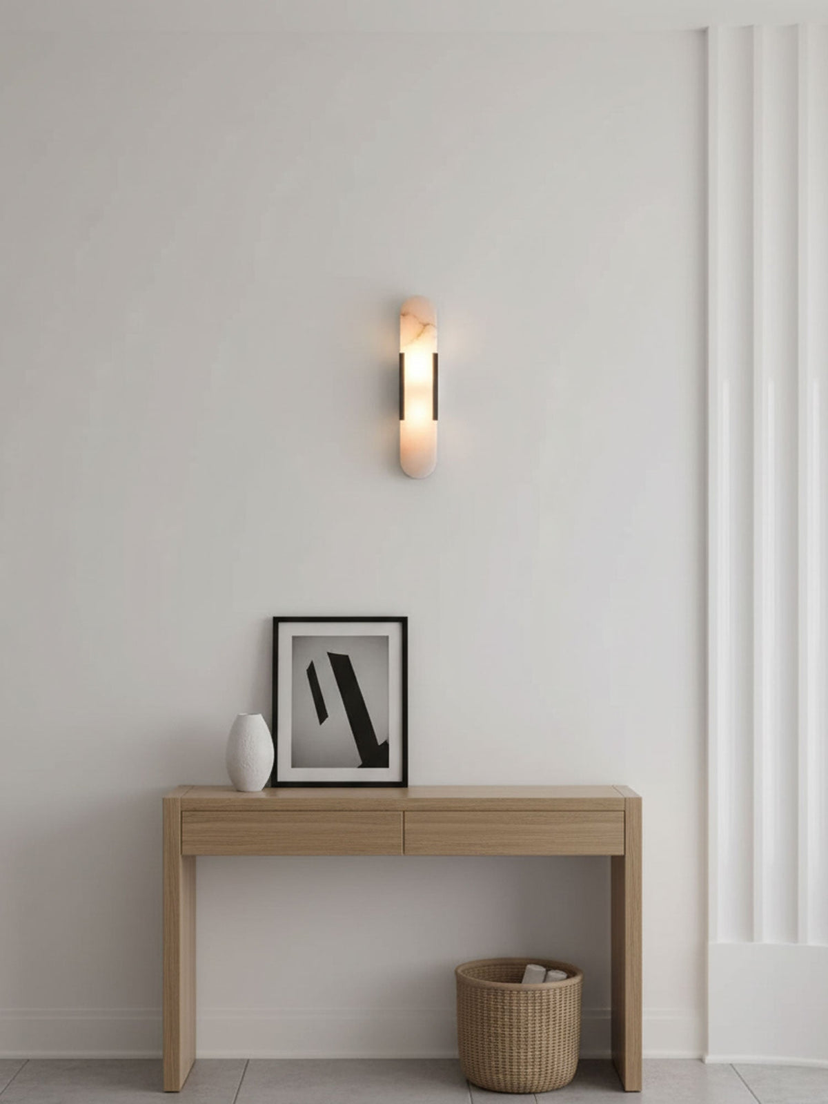 Handcrafted Alabaster Sconce with Brass Accent 14 in Wall Light for Bedroom Hallway Living Room Indoor Fixture G4 LED Modern Elongated Stone
