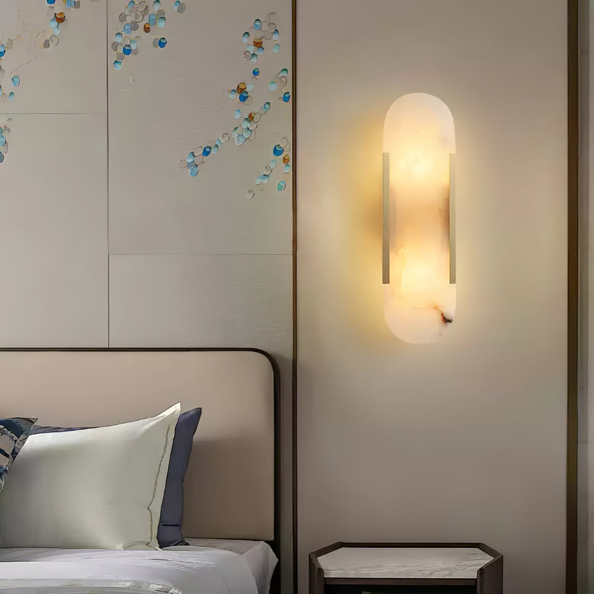Handcrafted Alabaster Sconce with Brass Accent 14 in Wall Light for Bedroom Hallway Living Room Indoor Fixture G4 LED Modern Elongated Stone