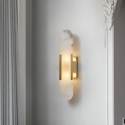 Handcrafted Alabaster Sconce with Brass Accent 14 in Wall Light for Bedroom Hallway Living Room Indoor Fixture G4 LED Modern Elongated Stone