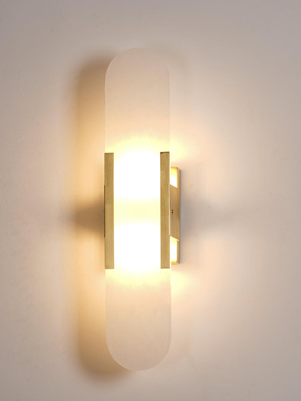 Handcrafted Alabaster Sconce with Brass Accent 14 in Wall Light for Bedroom Hallway Living Room Indoor Fixture G4 LED Modern Elongated Stone
