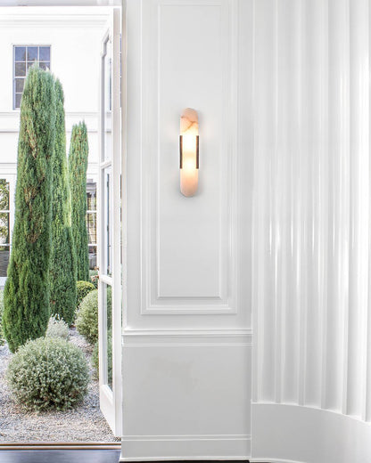 Handcrafted Alabaster Sconce with Brass Accent 14 in Wall Light for Bedroom Hallway Living Room Indoor Fixture G4 LED Modern Elongated Stone