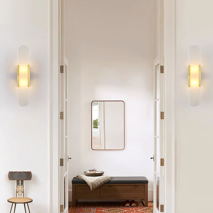 Handcrafted Alabaster Sconce with Brass Accent 14 in Wall Light for Bedroom Hallway Living Room Indoor Fixture G4 LED Modern Elongated Stone