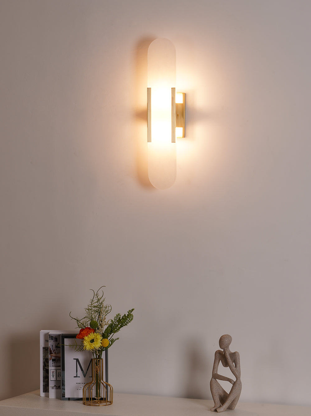 Handcrafted Alabaster Sconce with Brass Accent 14 in Wall Light for Bedroom Hallway Living Room Indoor Fixture G4 LED Modern Elongated Stone
