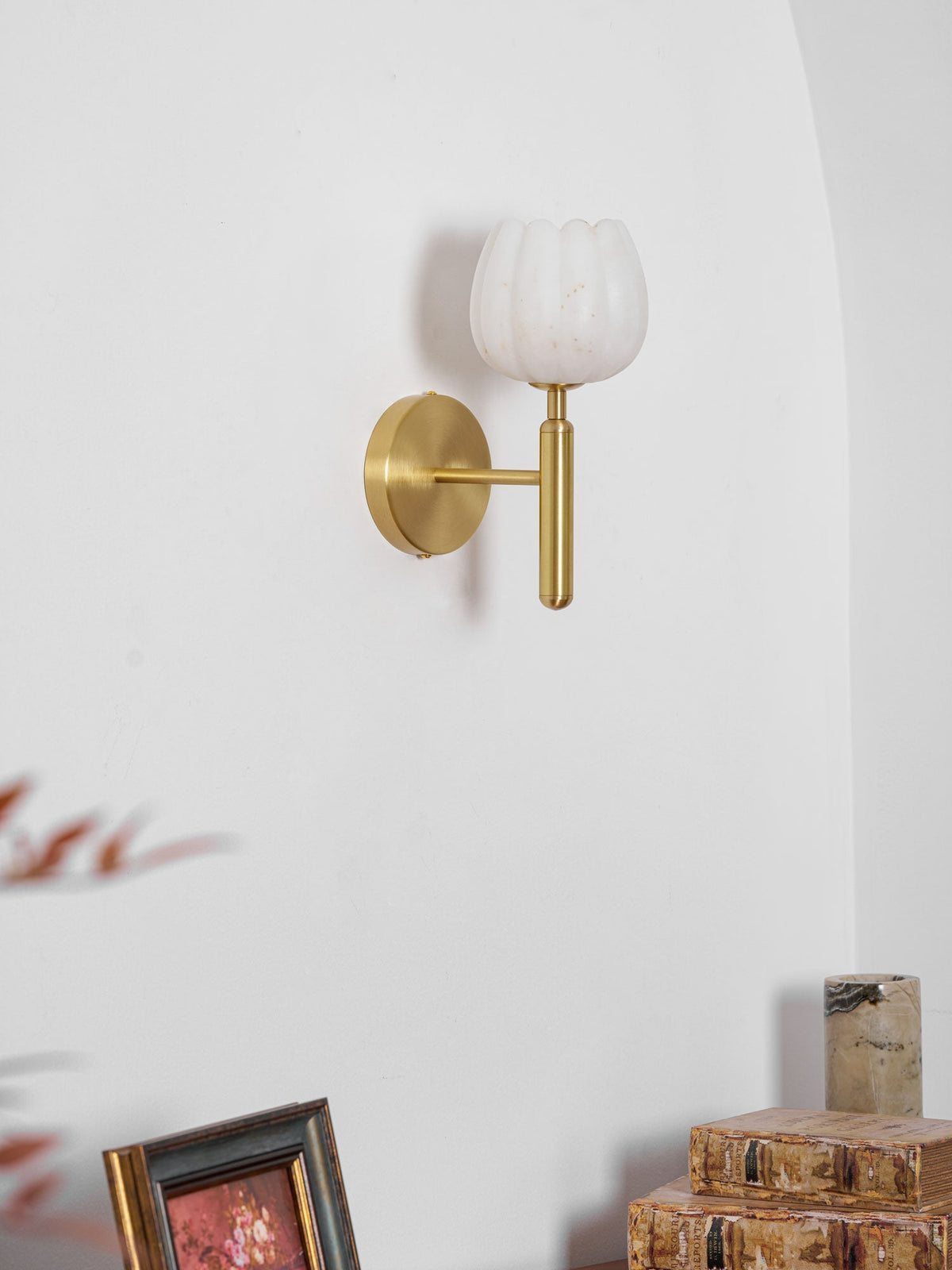 LED Wall Sconce with Alabaster Shade Brass Finish 12 in Indoor Accent Light for Bedroom Hallway Living Room Modern Floral Design E12 Base 15