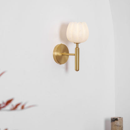 LED Wall Sconce with Alabaster Shade Brass Finish 12 in Indoor Accent Light for Bedroom Hallway Living Room Modern Floral Design E12 Base 15