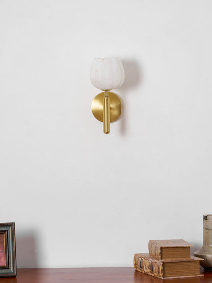 LED Wall Sconce with Alabaster Shade Brass Finish 12 in Indoor Accent Light for Bedroom Hallway Living Room Modern Floral Design E12 Base 15