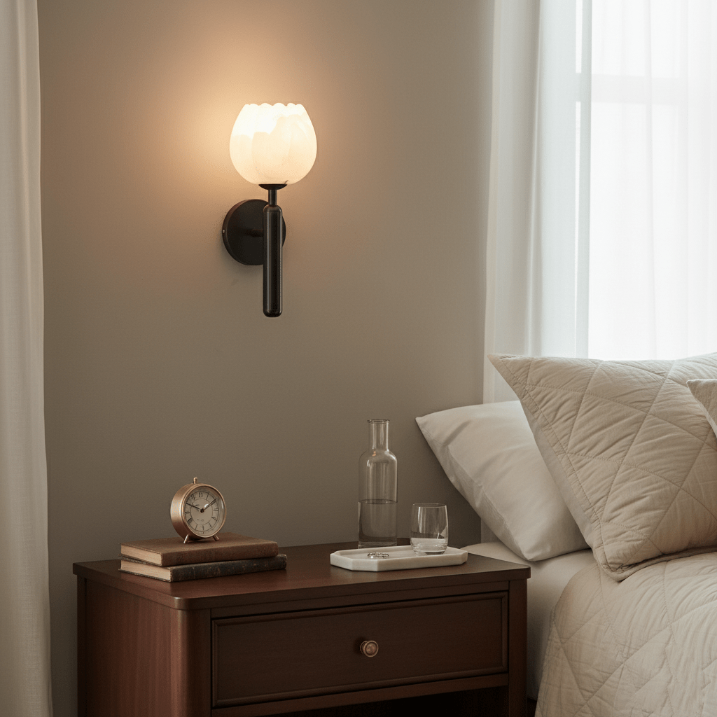 LED Wall Sconce with Alabaster Shade Brass Finish 12 in Indoor Accent Light for Bedroom Hallway Living Room Modern Floral Design E12 Base 15