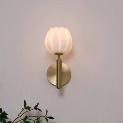 LED Wall Sconce with Alabaster Shade Brass Finish 12 in Indoor Accent Light for Bedroom Hallway Living Room Modern Floral Design E12 Base 15