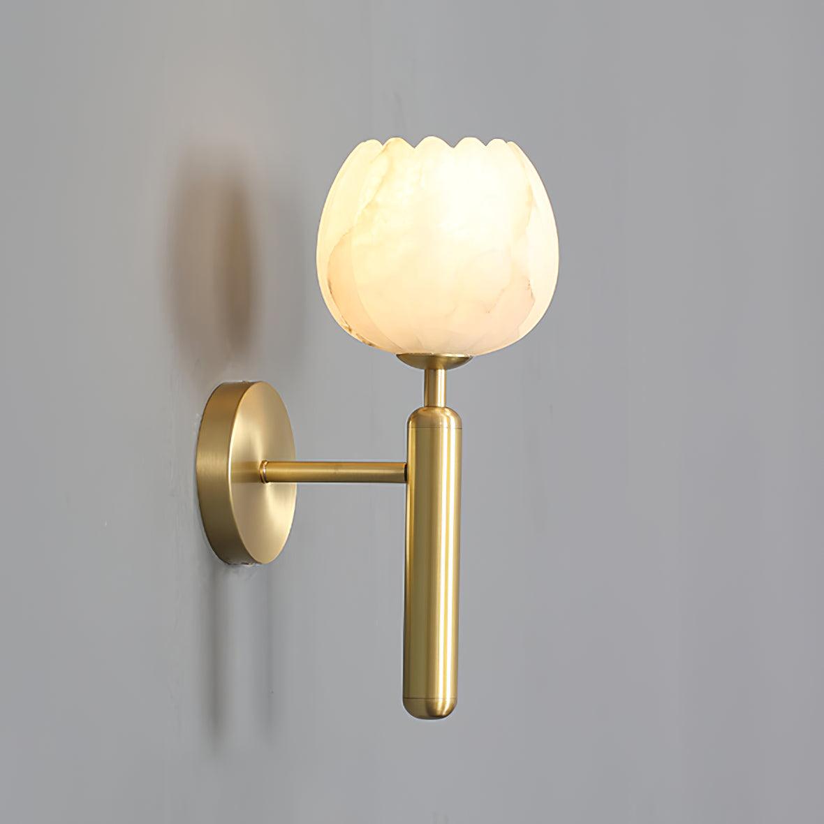 LED Wall Sconce with Alabaster Shade Brass Finish 12 in Indoor Accent Light for Bedroom Hallway Living Room Modern Floral Design E12 Base 15