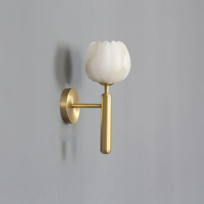 LED Wall Sconce with Alabaster Shade Brass Finish 12 in Indoor Accent Light for Bedroom Hallway Living Room Modern Floral Design E12 Base 15